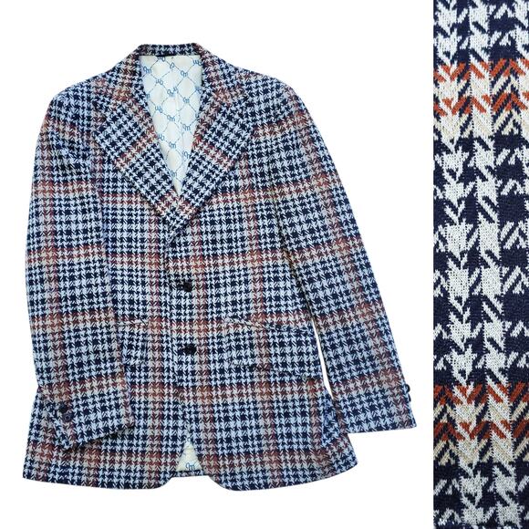 Vintage Van Heusen 60s 70s Blue Orange Polyester Leisure Suit Jacket Blazer 38R - Picture 1 of 16